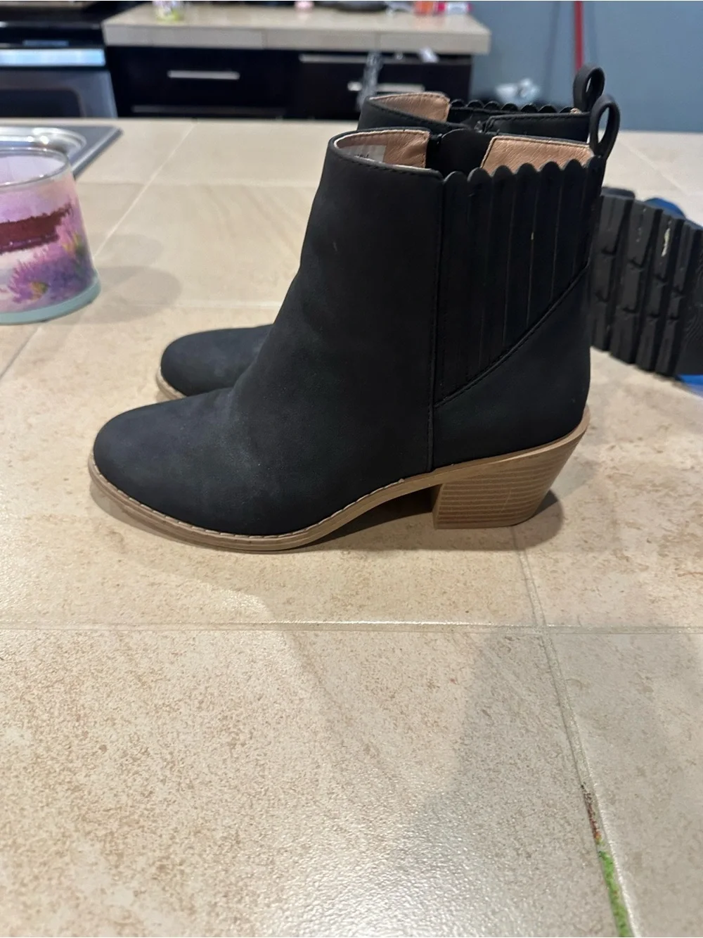Elle Black Ankle Zip Boots with Tan Trim